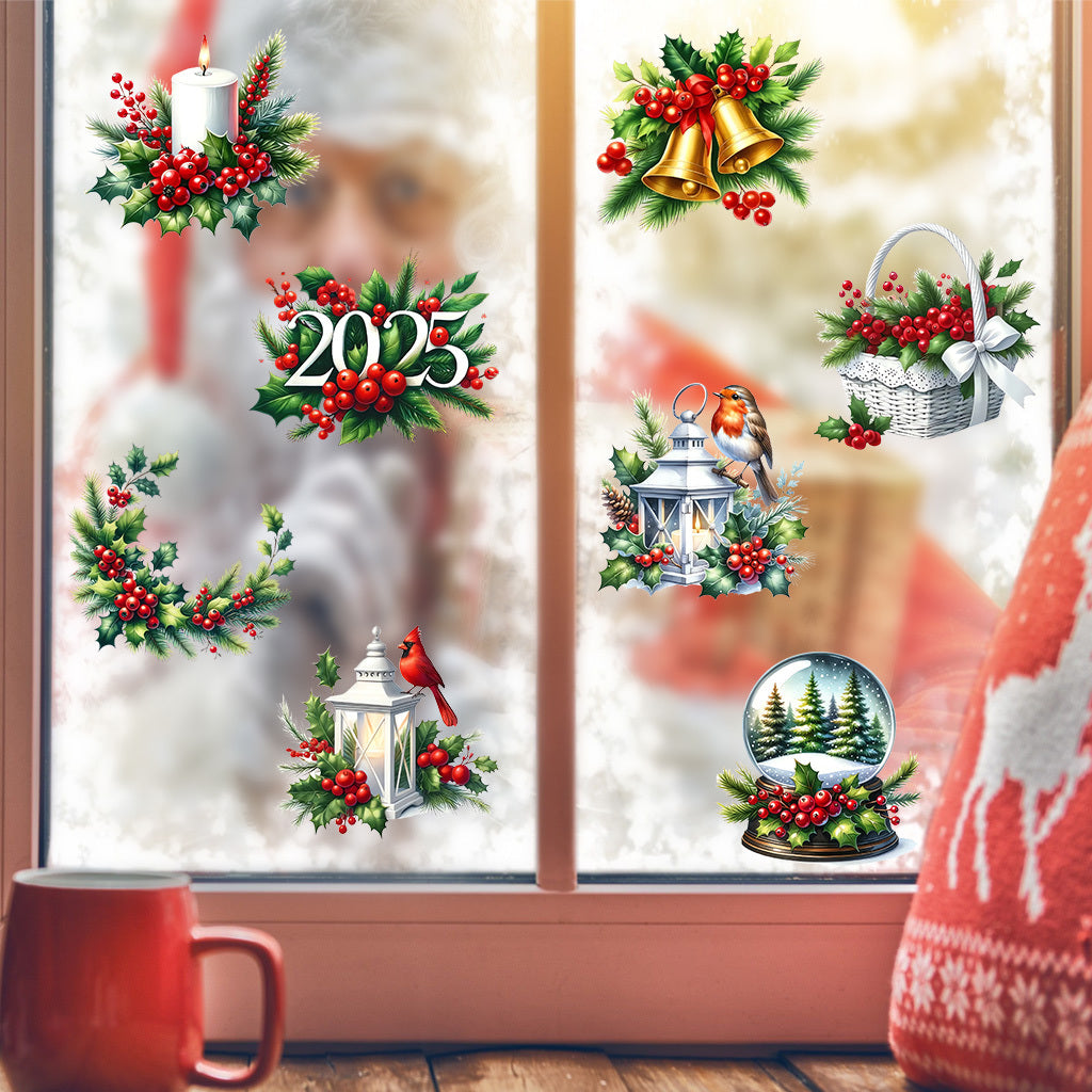 1套 2025圣诞节花卉水果铃铛转印水晶标贴纸 适用于水杯 咖啡杯 笔记本装饰等 自粘防水DIY贴纸 UV DTF 转印贴纸办公室和家用