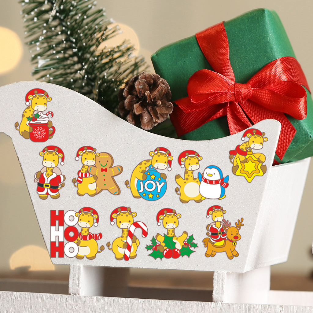 3套 快乐过圣诞可爱卡通长颈鹿转印水晶标贴 适用于水杯 咖啡杯 笔记本装饰等 UV DTF 创意diy贴纸 自粘防水创意diy转印贴纸