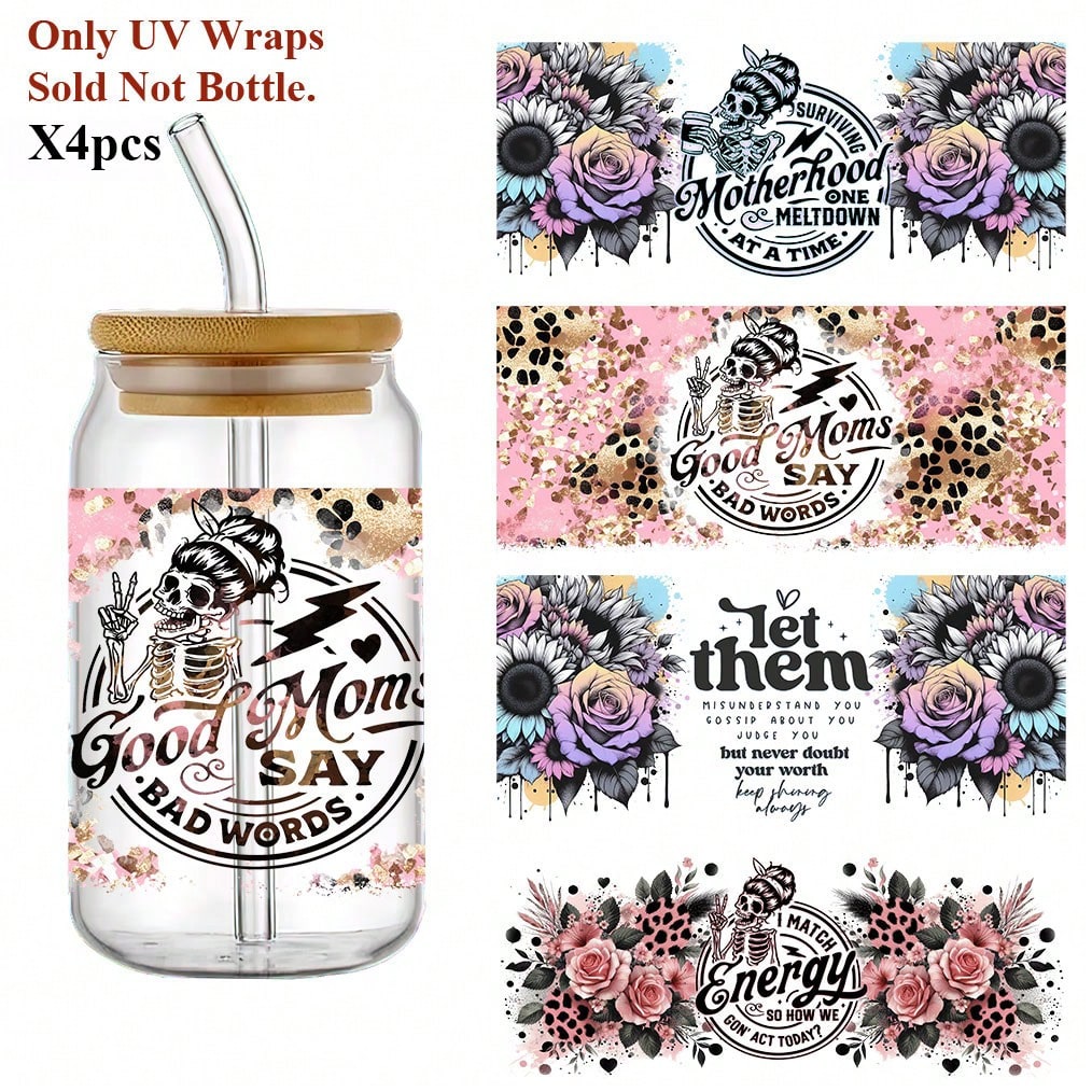 4pcs/Set Skull Flower UV DTF Transfer Sticker For 16oz Glass Cups, DIY Wrap Transfer Decals For 16oz Glass Cup, Bottle, Positive Affirmation Adhesive Sticker-High Quality
