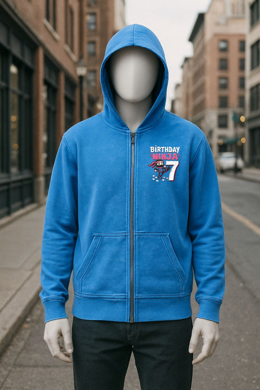Sudadera azul con capucha y cremallera lavado