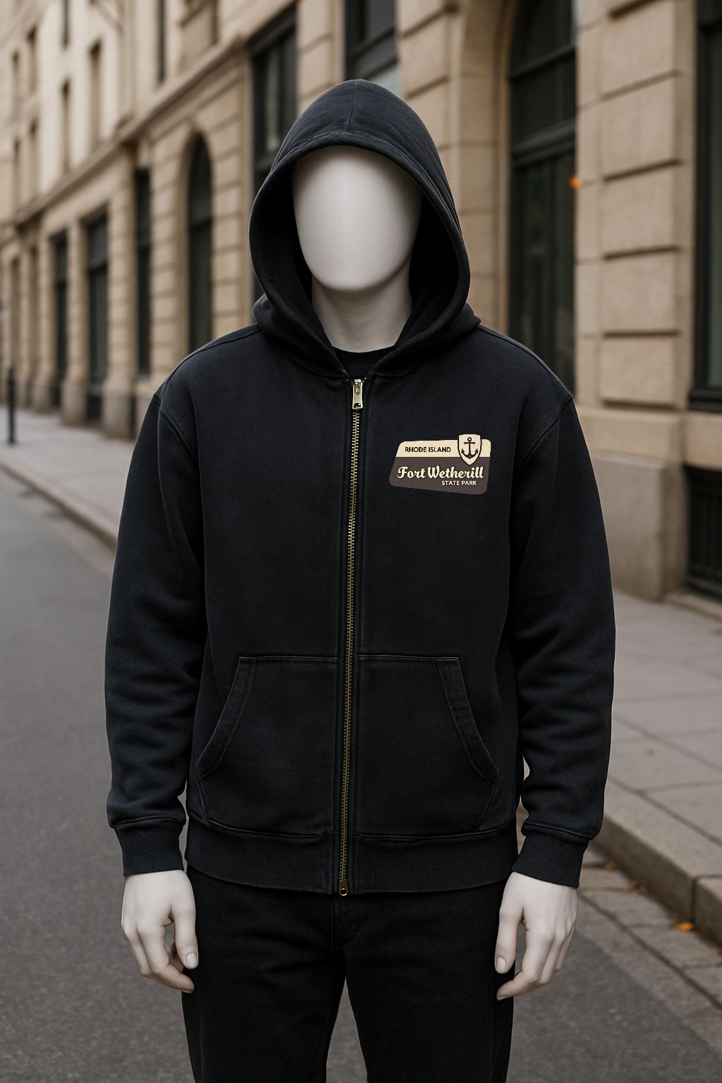 Sudadera negra con capucha y cremallera lavado