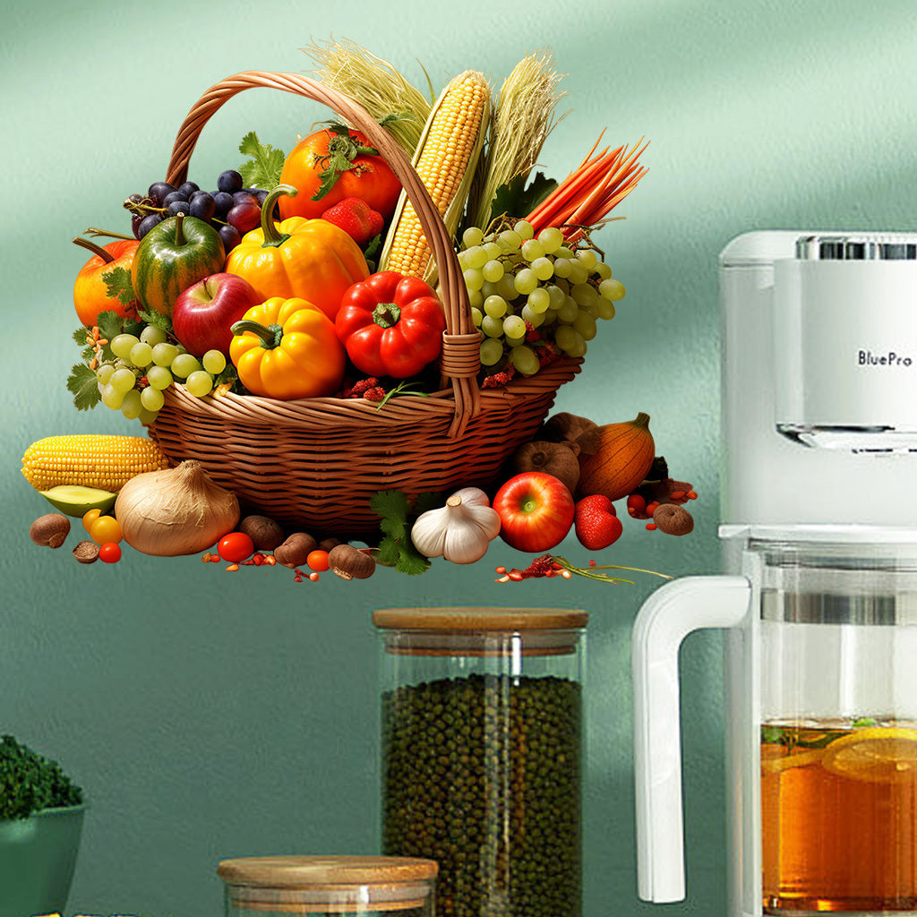 1套 丰收果蔬篮墙贴,满满一篮缤纷果蔬,玉米葡萄辣椒齐聚,贴于厨房、餐厅,为空间添田园丰收氛围与自然活力