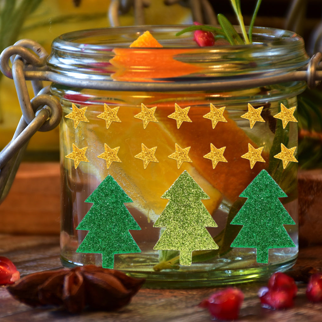 4PCS 2 sets of Christmas trees and stars crystal standard UV DTF transfer sticker sets, perfect for adding a charming seasonal atmosphere to glass jars and space decorations. Self-adhesive, removable, and waterproof stickers.
