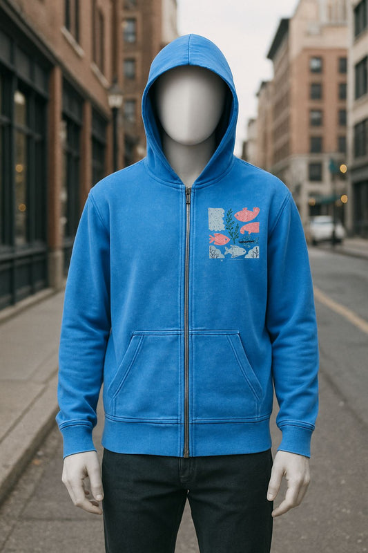 Sudadera azul con capucha y cremallera lavado