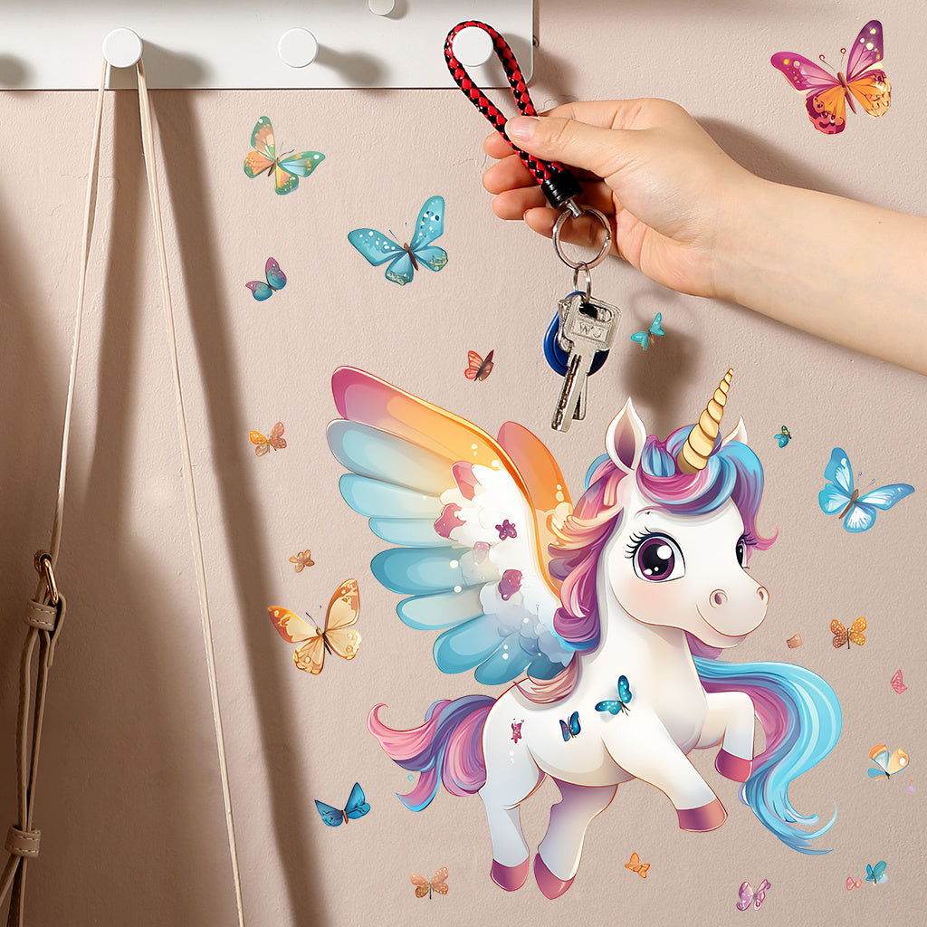 1套 夜光墙贴:梦幻独角兽蝴蝶荧光贴饰,彩虹翼独角兽与多彩蝴蝶组合,夜间散发柔和绿光,打造沉浸式梦幻空间