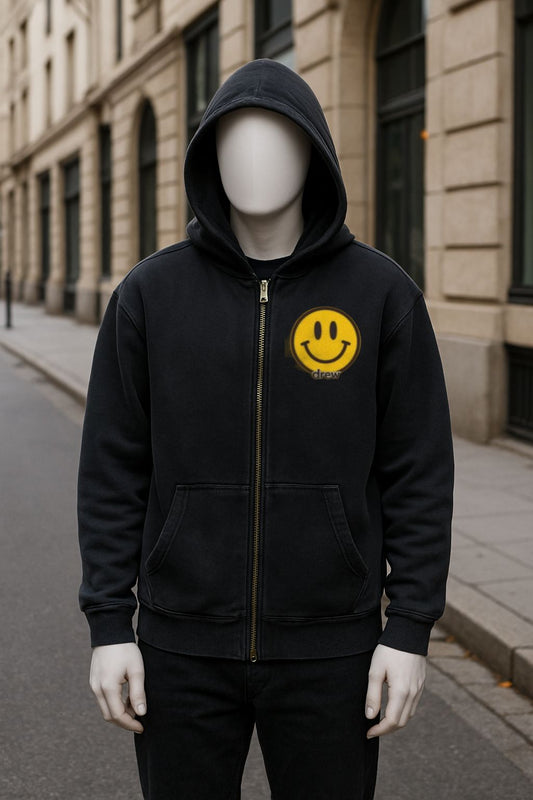 Sudadera negra con capucha y cremallera lavado