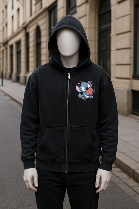 Sudadera negra con capucha y cremallera lavado