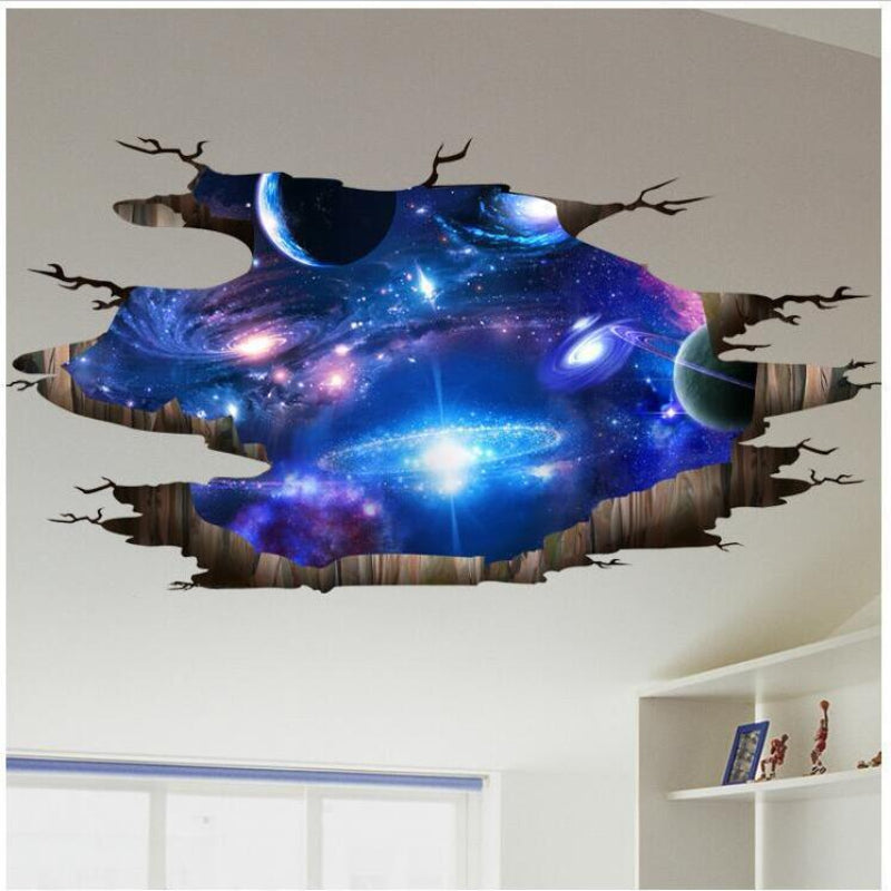 A set of 3D cosmic breakthrough wall stickers featuring vivid galaxy and planetary scenes, with stunning 3D effects, providing exquisite decoration for science fiction enthusiasts. Suitable for modern interior design that pursues artistic spatial aes