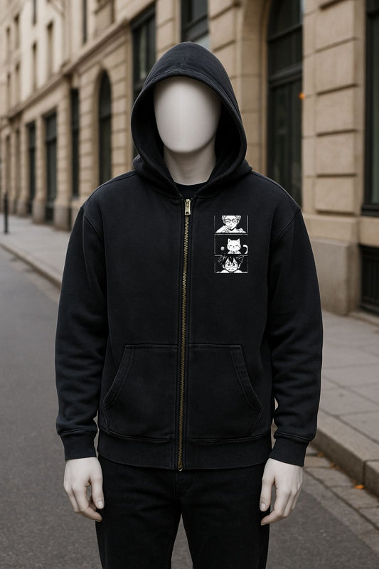 Sudadera negra con capucha y cremallera lavado