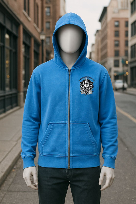 Sudadera azul con capucha y cremallera lavado