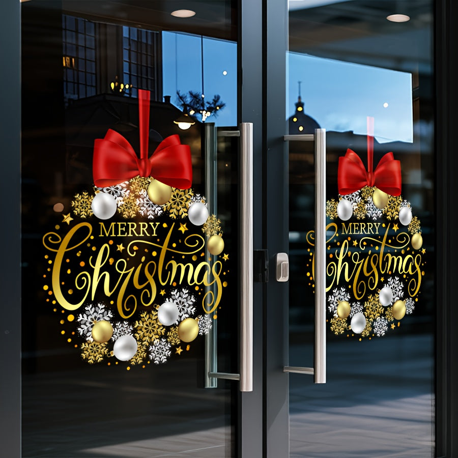A set of Elegant Christmas decorations, glass stickers with a gorgeous gold and red bow design, featuring the words 'Merry Christmas, ' add a luxurious and festive touch to home decor. They are statically adhered, waterproof, and reusable.