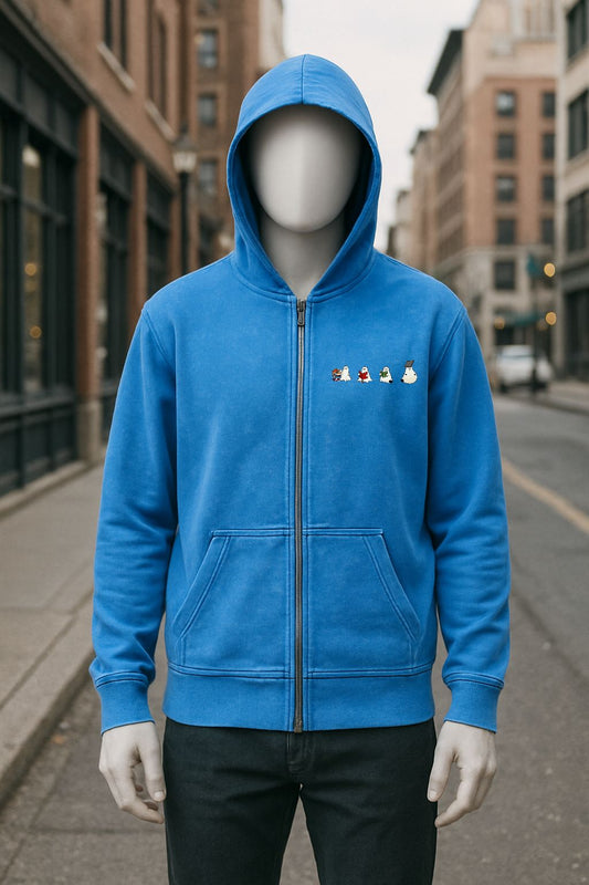 Sudadera azul con capucha y cremallera lavado