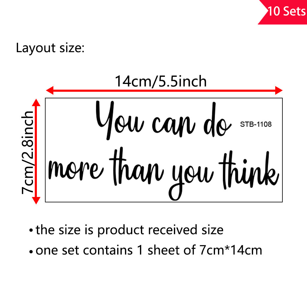10套 励志名言“你比自己想象的更能做事”励志名言文字转印UV DTF水晶贴纸,适用于婴儿房装饰、水杯、电脑、家居装饰等。自粘防水创意贴纸。