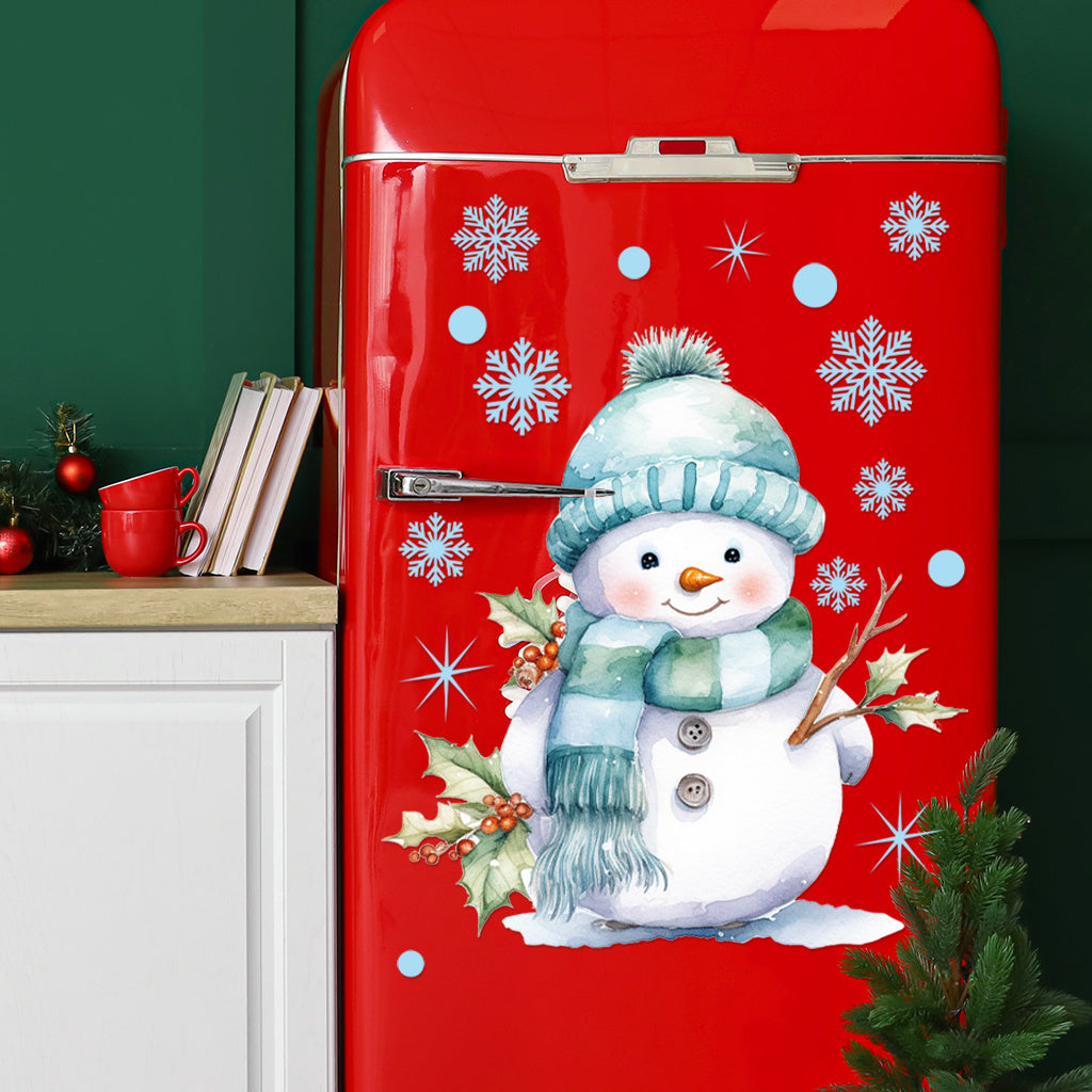 1套 水彩风蓝调雪人墙贴、马桶贴,清新蓝系雪人配雪花冬青,风格雅致,贴于卧室、客厅墙面,为圣诞添治愈氛围,自粘易贴似艺术画作。