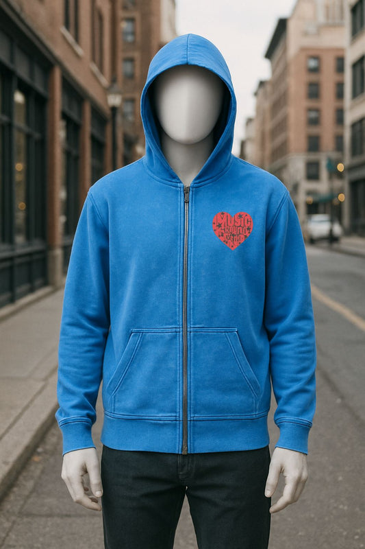 Sudadera azul con capucha y cremallera lavado