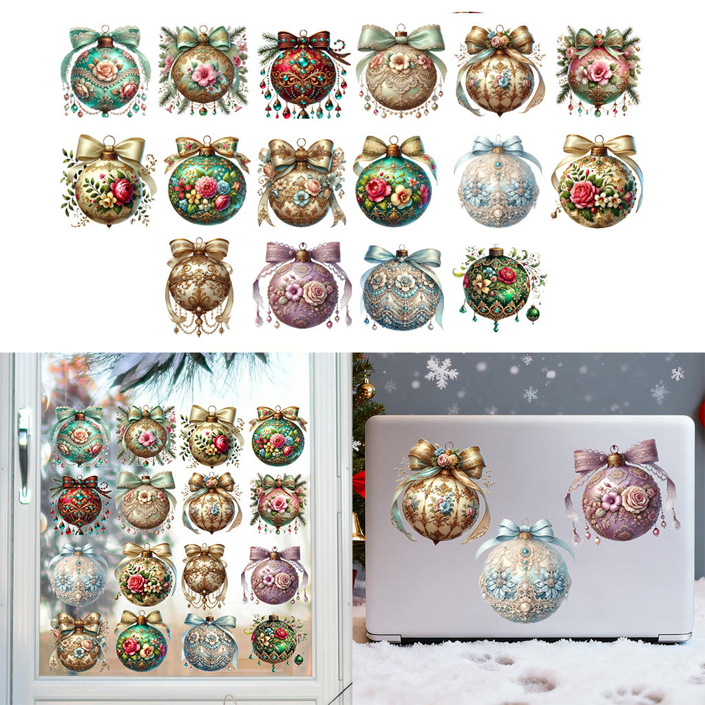 1套 复古花卉圣诞球 UV DTF 转印贴纸套装 精美花卉装饰 遇见华丽彩球贴纸 为圣诞节增添奢华浪漫氛围