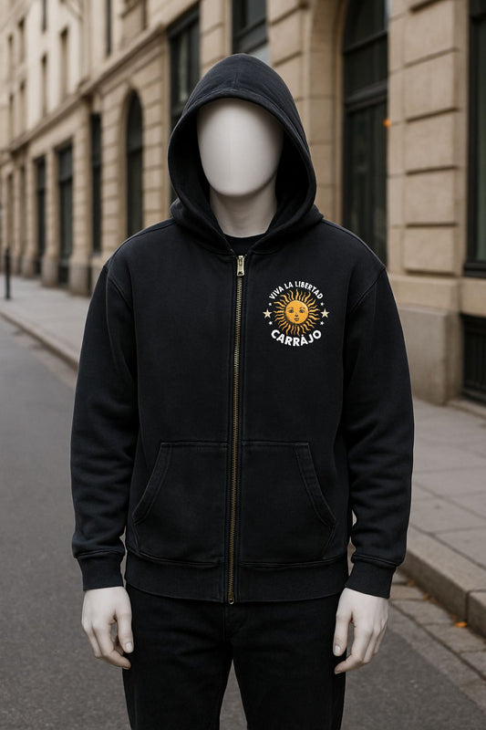 Sudadera negra con capucha y cremallera lavado