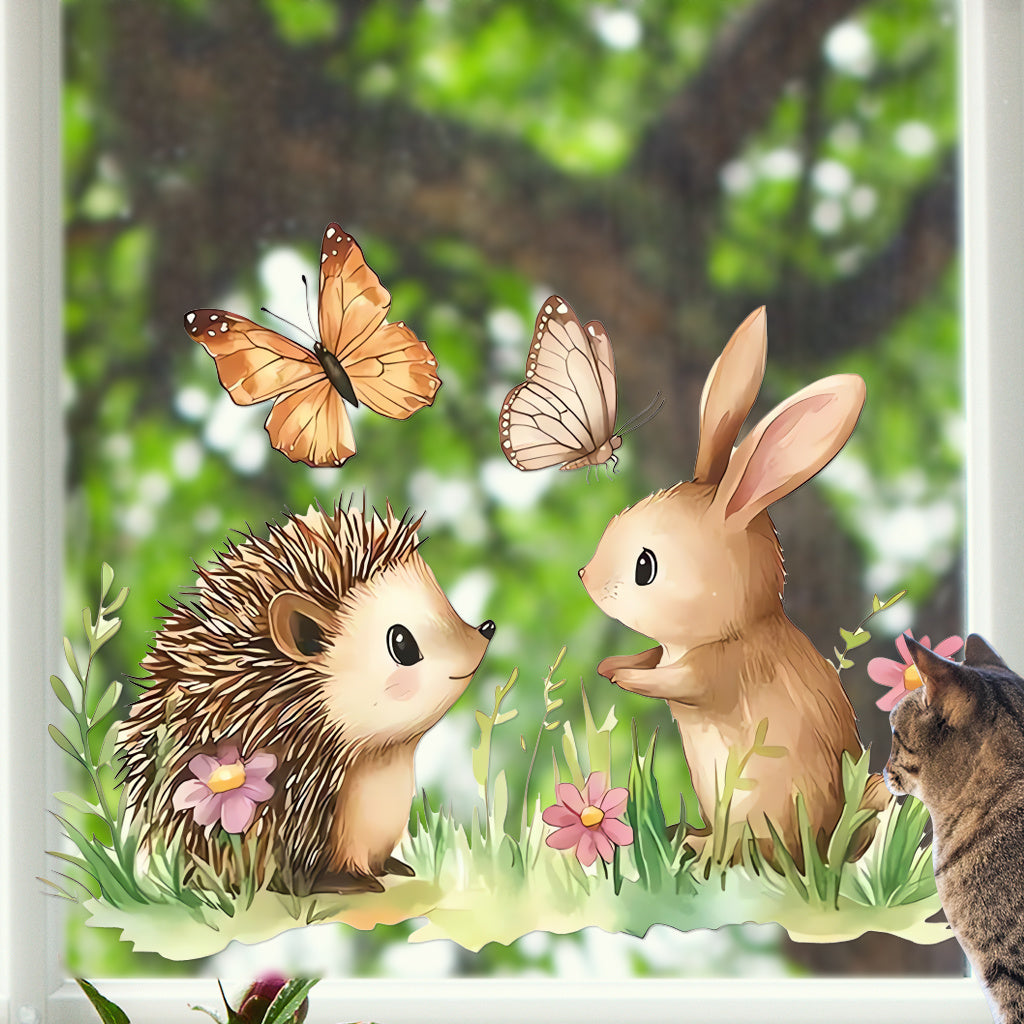 1套 萌趣森林伙伴墙贴,刺猬兔子与蝴蝶在花丛草地互动,画面治愈可爱,贴于客厅、卧室,为空间添童趣自然氛围与温馨感。