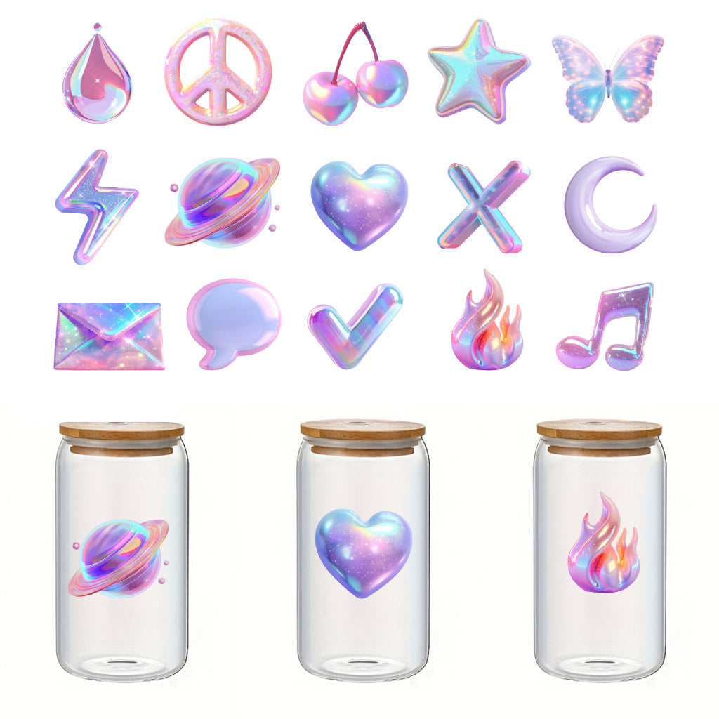 3pcs Pastel Fashion Icons UV DTF Crystal Sticker Set with vibrant rainbow shimmer symbol designs, perfect for decoration and fashion accents. Enhances modern aesthetics with self-adhesive waterproof transfer stickers.