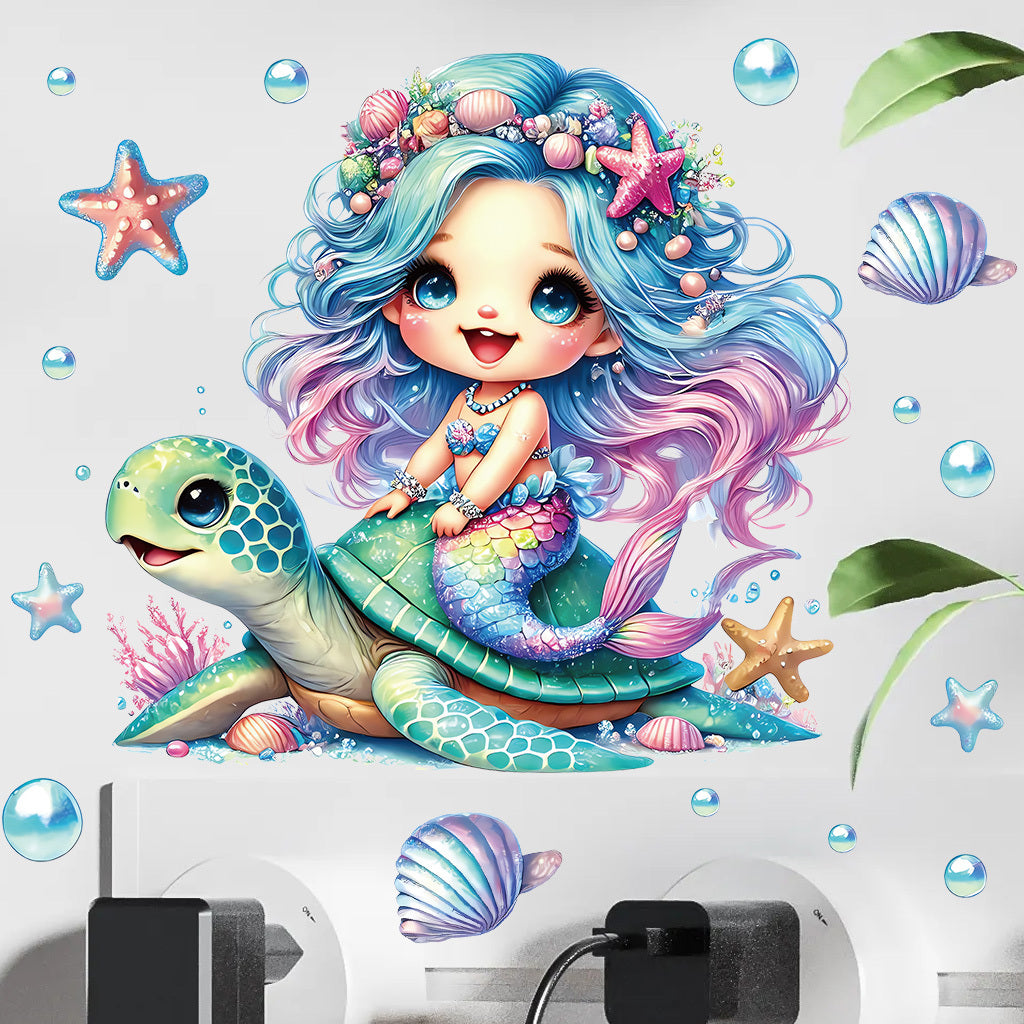 1套 夜光墙贴:深海美人鱼海龟贴饰,萌系人鱼骑海龟伴海星贝壳气泡,夜间散发梦幻幽光,为卧室注入海洋奇幻感