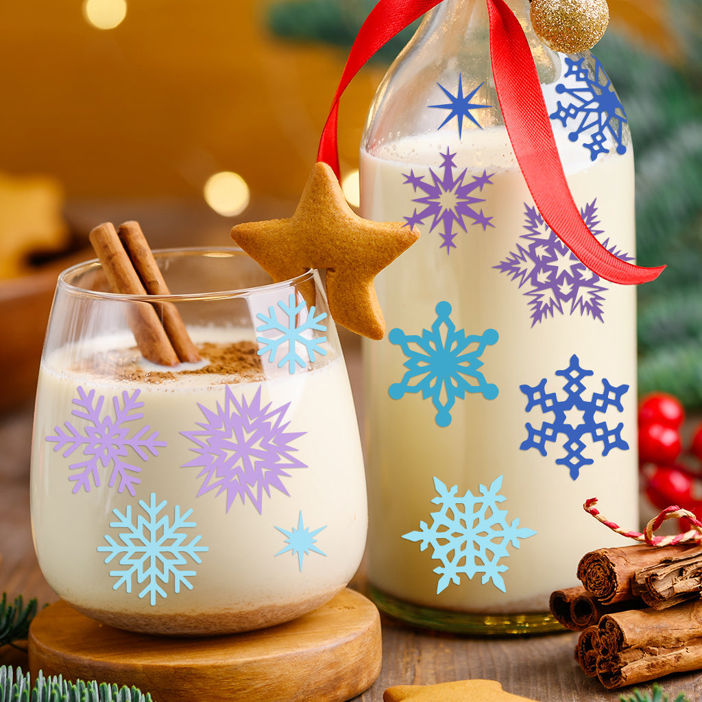3套 圣诞节 冬日雪花转印水晶标贴纸 UV DTF 转印贴纸 自粘防水时尚贴纸 咖啡杯 马克杯等 圣诞节趣味活力贴纸
