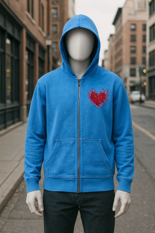 Sudadera azul con capucha y cremallera lavado