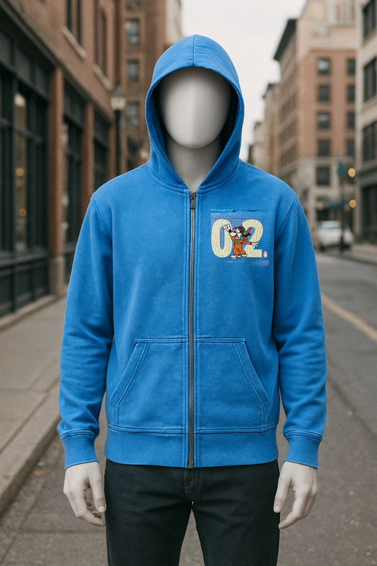 Sudadera azul con capucha y cremallera lavado