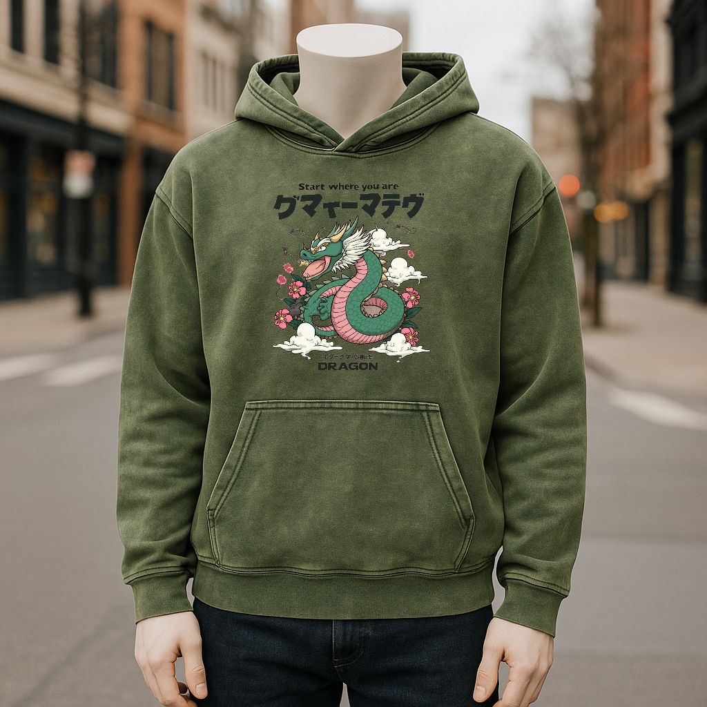 Sudadera con capucha lavada de color verde militar