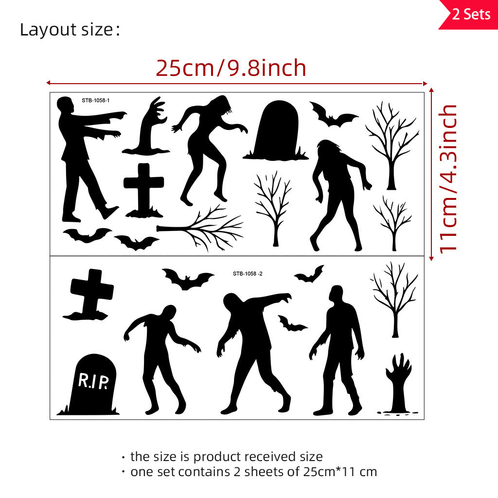 2套 万圣节剪影丧尸转印水晶贴纸 使用于水杯 电脑 玻璃 金属等装饰水晶贴纸 自粘防水可拆卸UV DTF水晶贴纸
