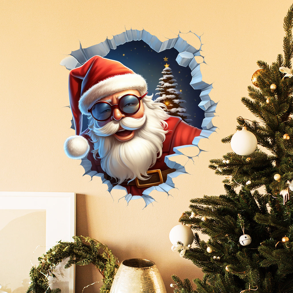1套 破墙圣诞老人墙贴,潮酷墨镜圣诞老人破墙设计,圣诞氛围活泼,贴于客厅、卧室,瞬间打造趣味互动感,自粘易贴似实景破墙。