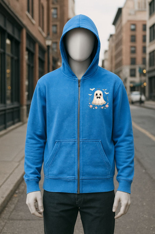 Sudadera azul con capucha y cremallera lavado