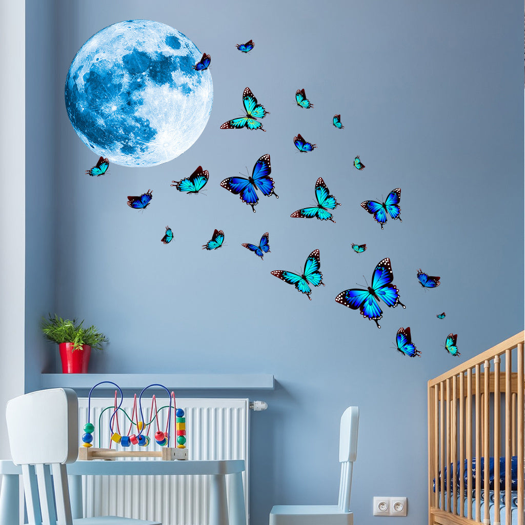 1套 夜光墙贴:蓝月蝶舞点亮卧室,荧光蝴蝶与月球组合贴饰,营造梦幻静谧夜境,为睡眠空间注入浪漫仙气,会发光的贴纸,乙烯基可拆卸家居装饰贴纸