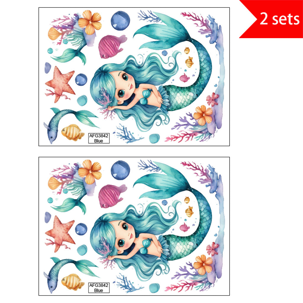 2套 深海夜光墙贴!梦幻美人鱼携小鱼、珊瑚、贝壳荧光绽放,为卧室打造沉浸式海底秘境,黑夜中开启蓝色海洋奇幻之旅,乙烯基可拆卸家居装饰贴纸