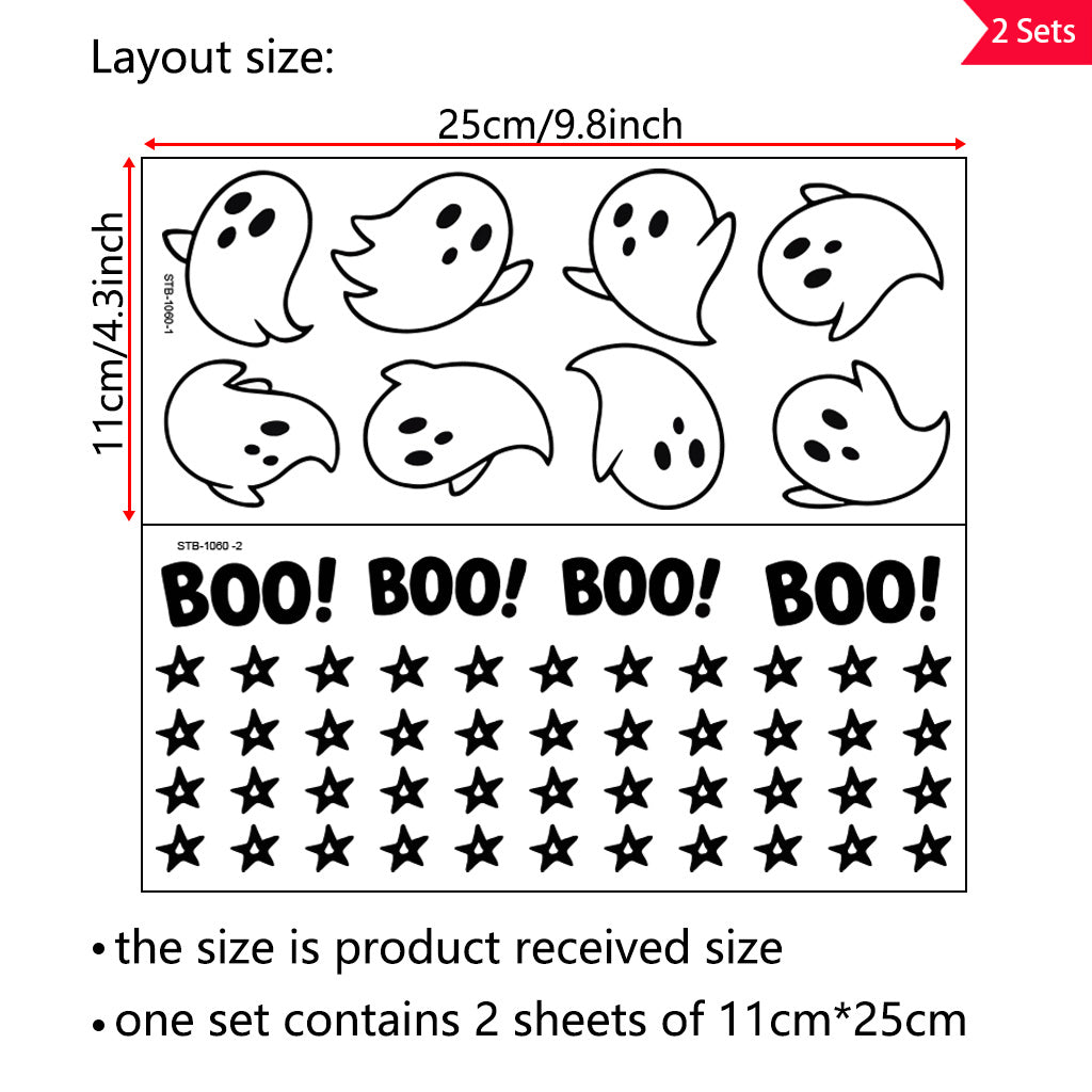2套 万圣节 可爱幽灵转印水晶贴纸 适用于水杯 玻璃 金属 笔记本等装饰水晶贴纸 自粘可拆卸防水水晶贴纸 增添生活趣味性与文化艺术性 UV DTF 转印贴纸办公室和家用