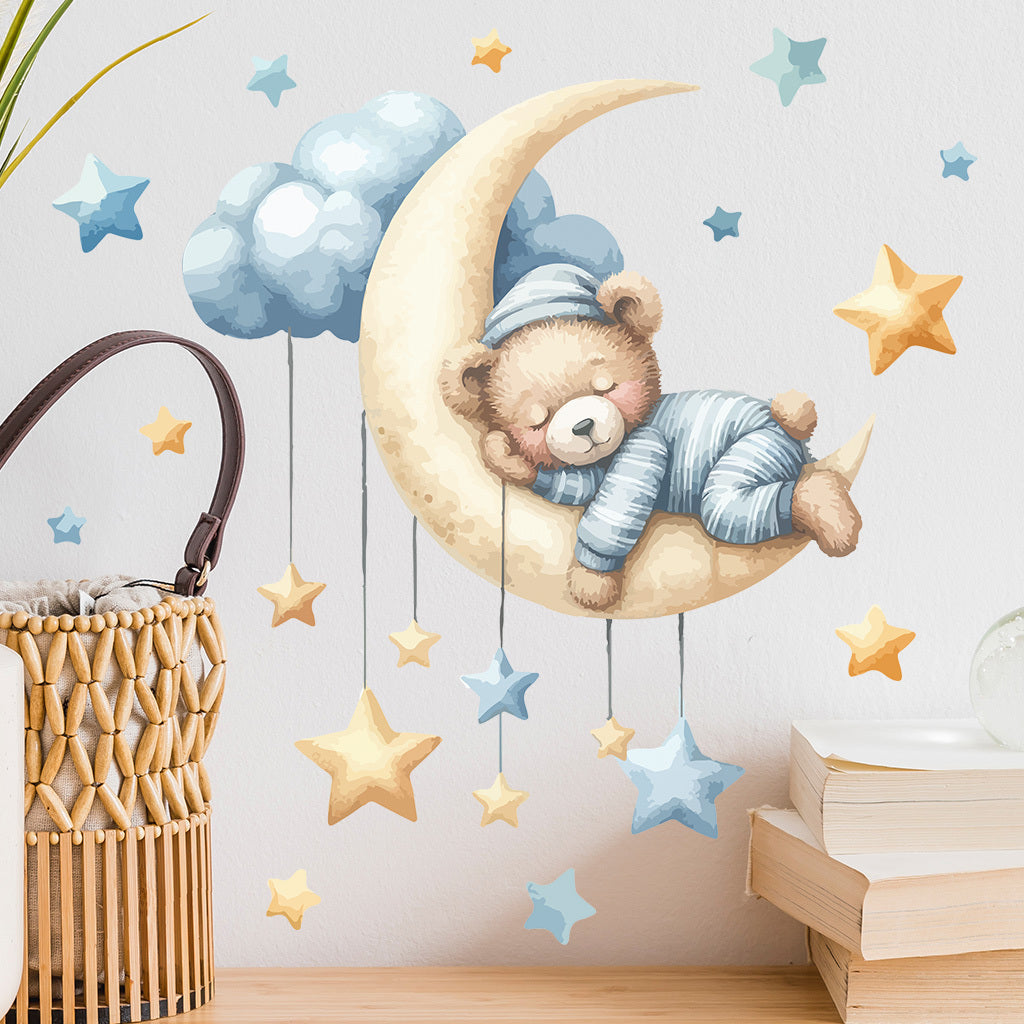 1套 夜光墙贴:安睡小熊星月贴饰,萌熊卧月牙伴云星荧光闪烁,夜间散发温柔绿光,打造沉浸式梦幻助眠角落