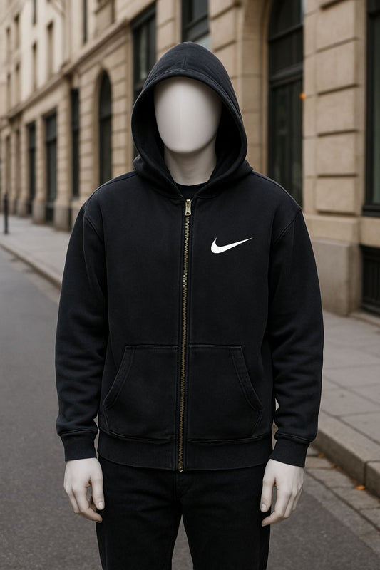 Sudadera negra con capucha y cremallera lavado