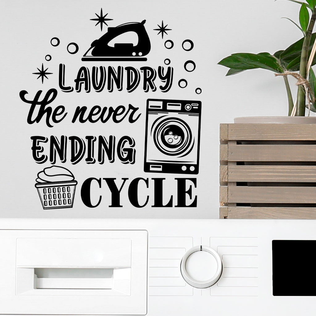 1pc Humorous laundry quote sticker 'Laundry: The Endless Cycle, ' featuring retro appliance designs, perfect for laundry room decor, home organization accents, and adding a touch of playful aesthetics.