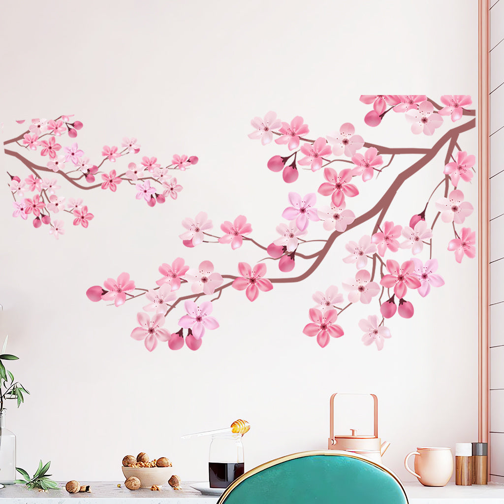 1 set of pink flower wall stickers, romantic cherry blossom wall stickers, butterfly bird wall stickers, peel-to-stick flower wall art murals, DIY removable branch wall stickers, suitable for bedroom and living room background wall decoration