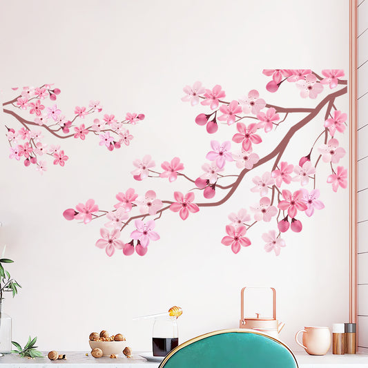 1 set of pink flower wall stickers, romantic cherry blossom wall stickers, butterfly bird wall stickers, peel-to-stick flower wall art murals, DIY removable branch wall stickers, suitable for bedroom and living room background wall decoration