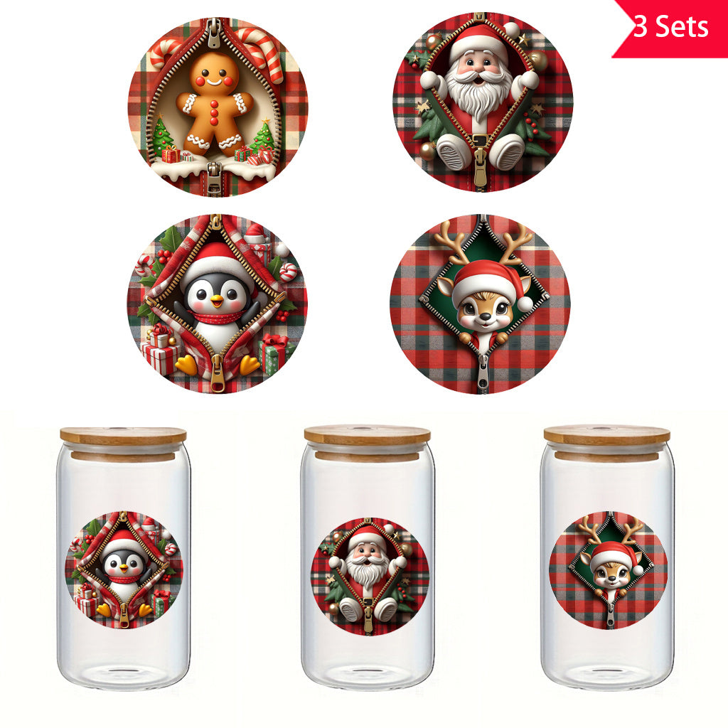 3套 拉链萌趣圣诞UV DTF转印贴纸套装 可爱姜饼人、慈祥圣诞老人、俏皮小企鹅与萌态驯鹿破格而出，为你的生活装点浓郁圣诞氛围