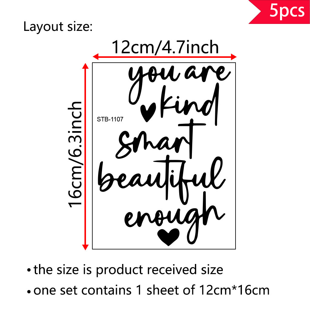 5pcs You are kind smart beautiful enough. Inspirational Quotes, Wishes, and Blessings. Text transfer UV DTF crystal stickers suitable for nursery decoration, cups, computers, home decoration, etc. Self-adhesive waterproof creative stickers.