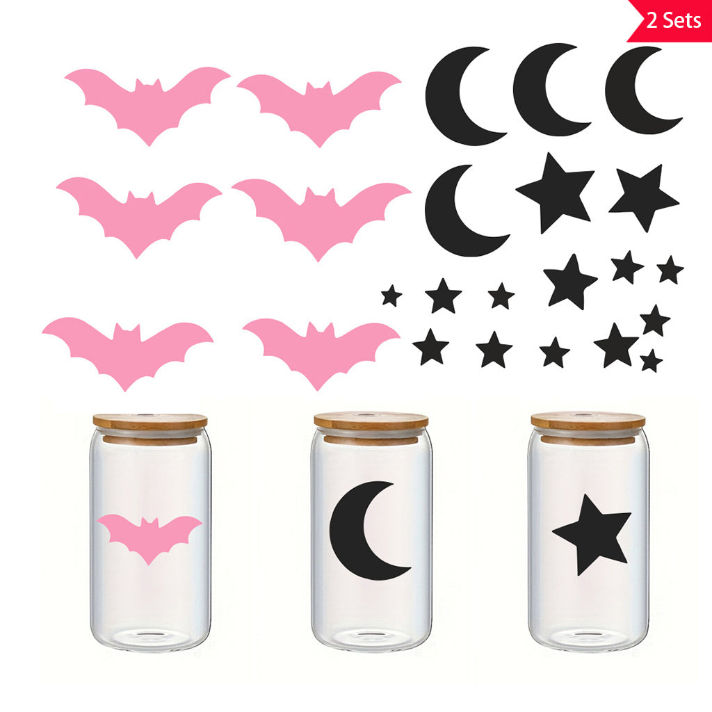 2套 万圣节 粉色蝙蝠和黑色星星月亮转印水晶标贴纸 UV DTF 转印贴纸办公室和家用 玻璃杯 咖啡杯 3D diy创意贴纸 增添趣味性与活力