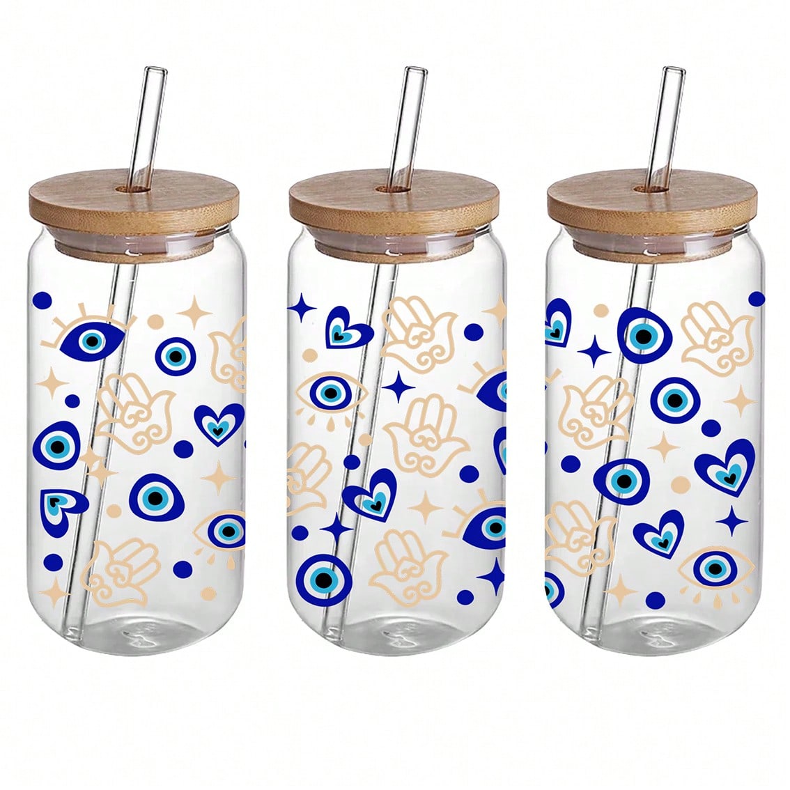 1 set of 5pcs Lucky Pink Blue Eye UV DTF Transfer Printing Waterproof Self-Adhesive Stickers For Mug Water Bottle Cup, DTF Transfer Sticker For 16 OZ Glass Can Wrap, 3d Crystal Label Waterproof And Scratch Resistant, DIY Wrap Transfer Sticker Glass Cup St