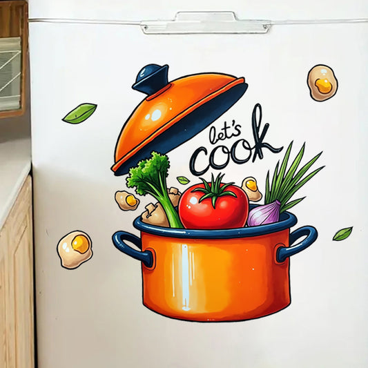 1套 趣味烹饪锅具墙贴，橙色汤锅装满鲜蔬，配 “Let's Cook” 标语，贴于厨房、餐厅，为空间添烹饪活力氛围与创意格调。