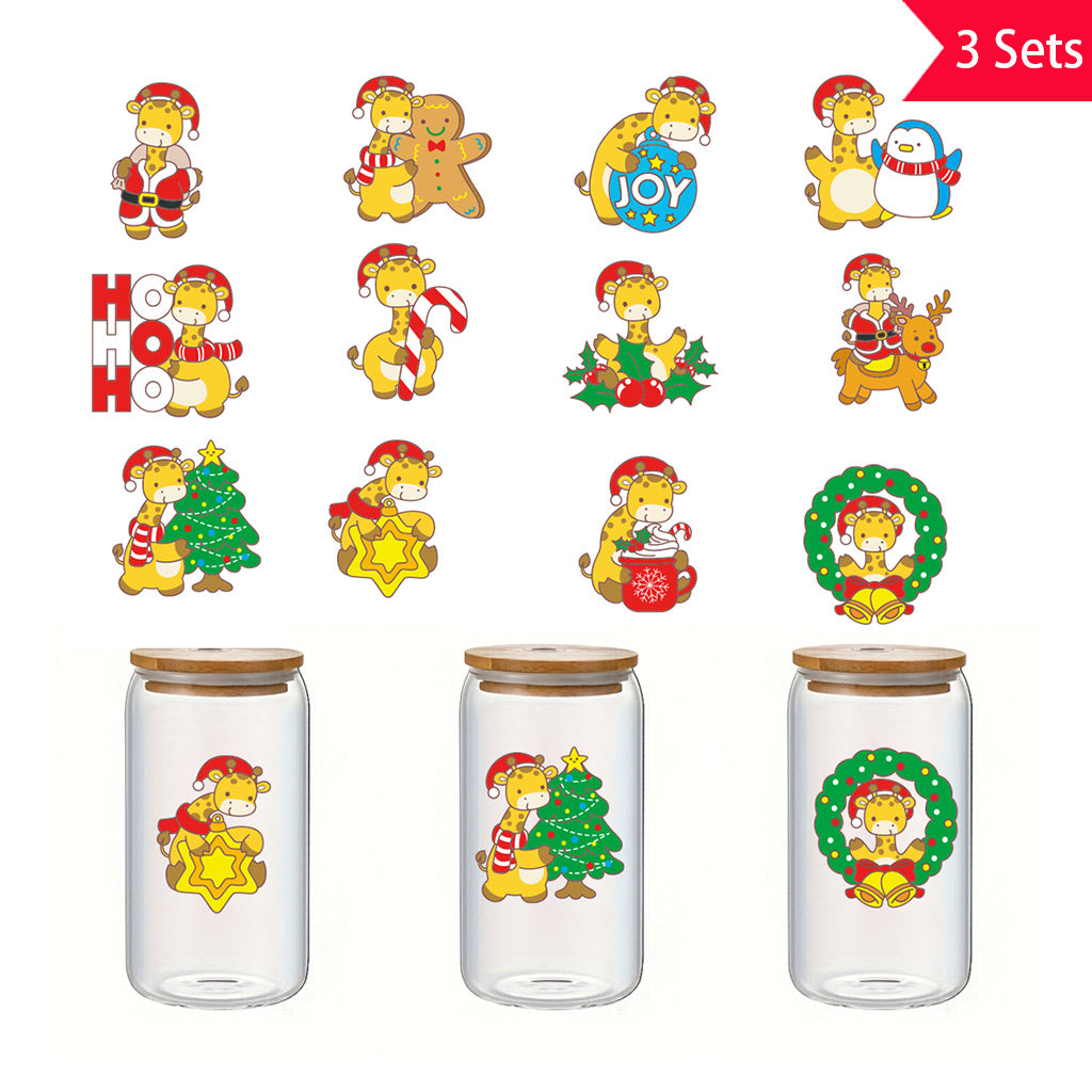 3套 快乐过圣诞可爱卡通长颈鹿转印水晶标贴 适用于水杯 咖啡杯 笔记本装饰等 UV DTF 创意diy贴纸 自粘防水创意diy转印贴纸