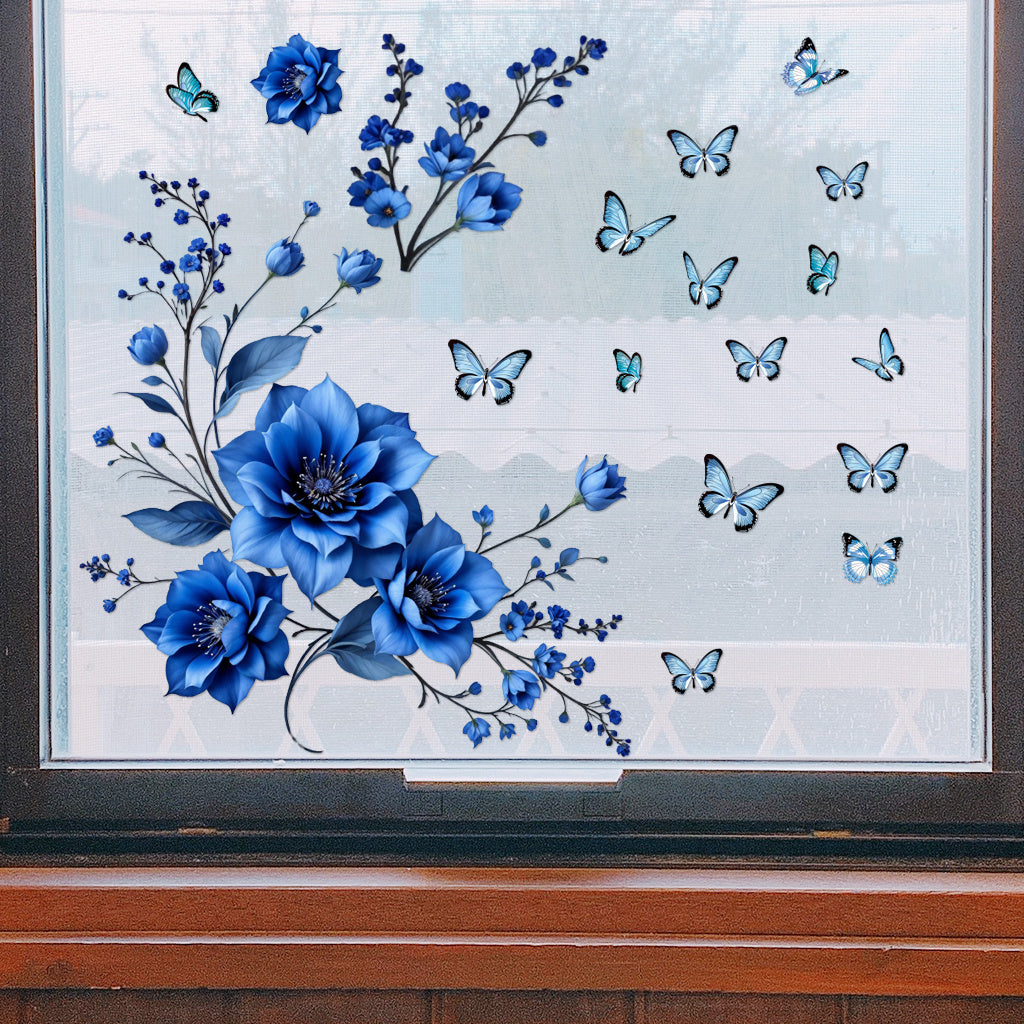 1套 轻奢蓝调花蝶墙贴，深海蓝花卉配同色系蝴蝶，风格雅致高级，贴于卧室、玄关，为空间添静谧优雅氛围与艺术格调。