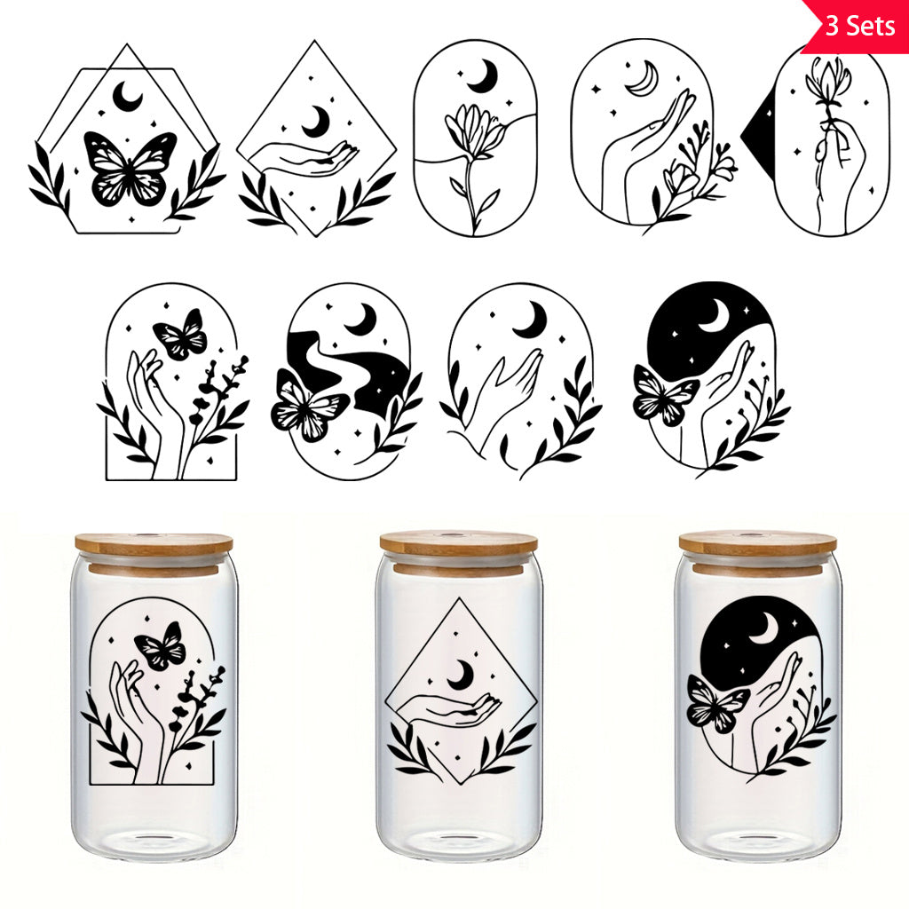 3套 手中捧月黑白贴纸 增添生活趣味性与活力 适用于水杯 笔记本 储物柜等装饰转印水晶贴纸 潮流自粘文化艺术水晶贴纸 UV DTF 转印贴纸办公室和家用