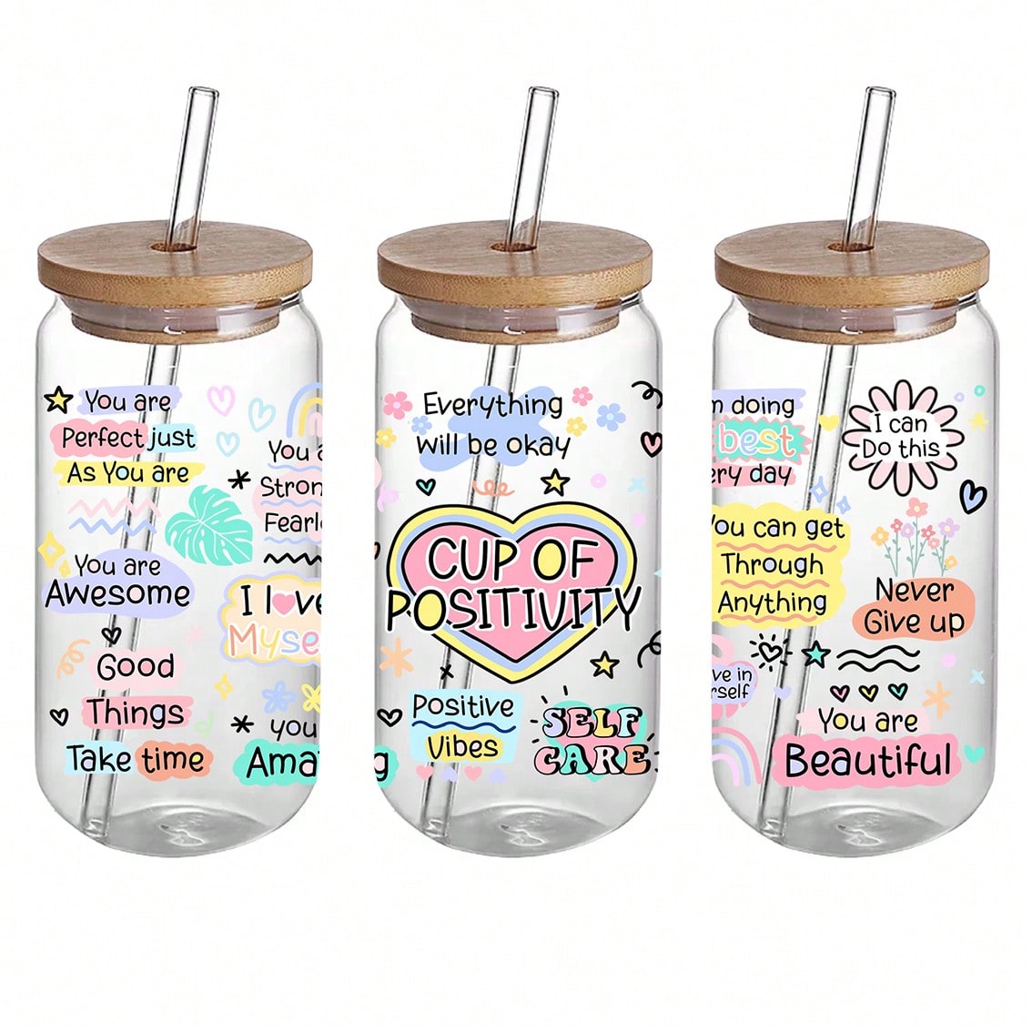 5pcs/Set Mental Health Theme UV DTF Cup Wraps, Waterproof Self-Adhesive Stickers For Mugs, Water Bottles, 16oz Glass Can Wraps, 3D Crystal Label, DIY Crafts