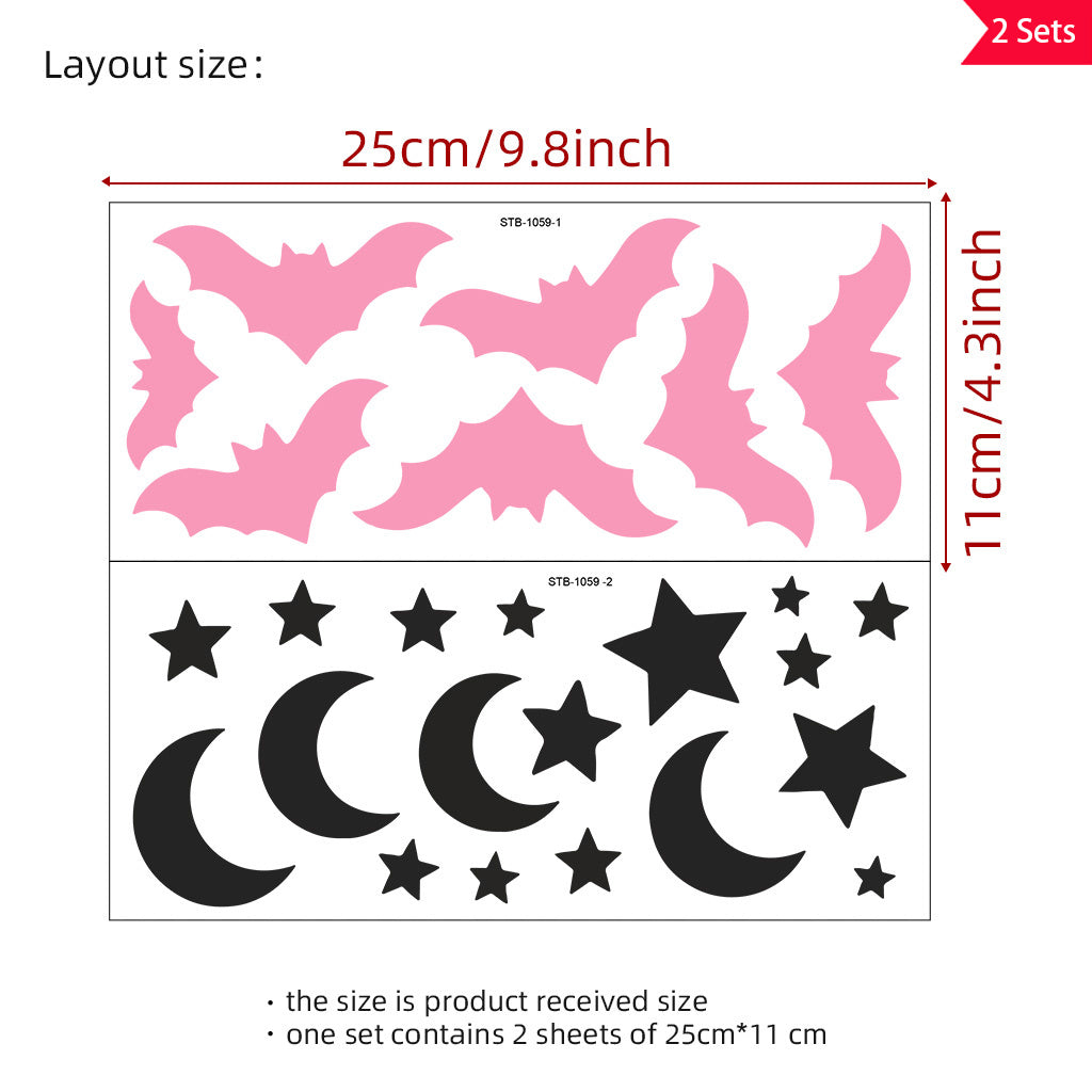 2套 万圣节 粉色蝙蝠和黑色星星月亮转印水晶标贴纸 UV DTF 转印贴纸办公室和家用 玻璃杯 咖啡杯 3D diy创意贴纸 增添趣味性与活力