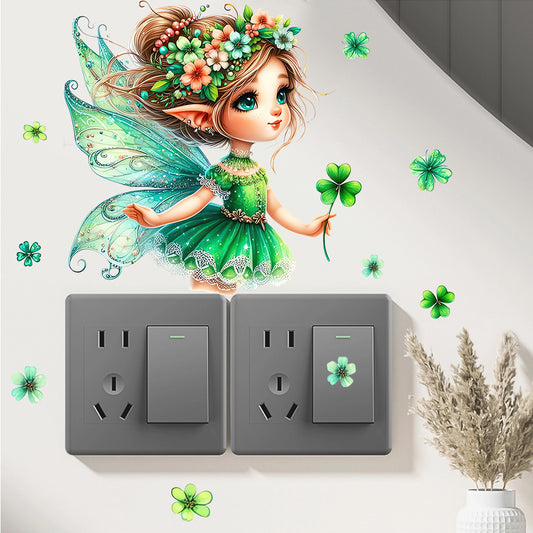 1套 森系精灵夜光墙贴！绿裙花仙子持四叶草，伴荧光小花点亮黑夜，为卧室注入奇幻森林气息，乙烯基可拆卸家居装饰贴纸